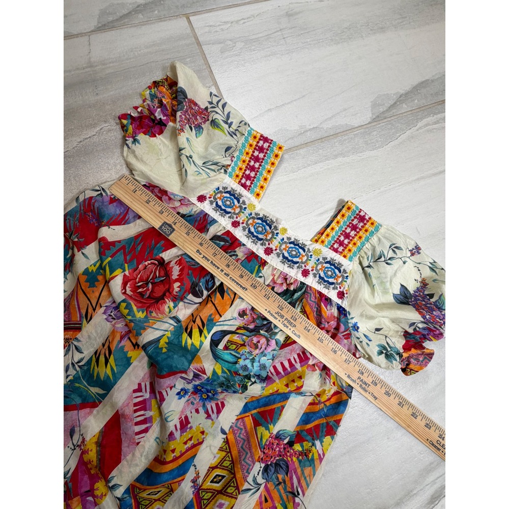 Johnny Was Tweety Mixed Print 100% Silk Blouse Embroidered Top Size XXS NWOT - Picture 4 of 7
